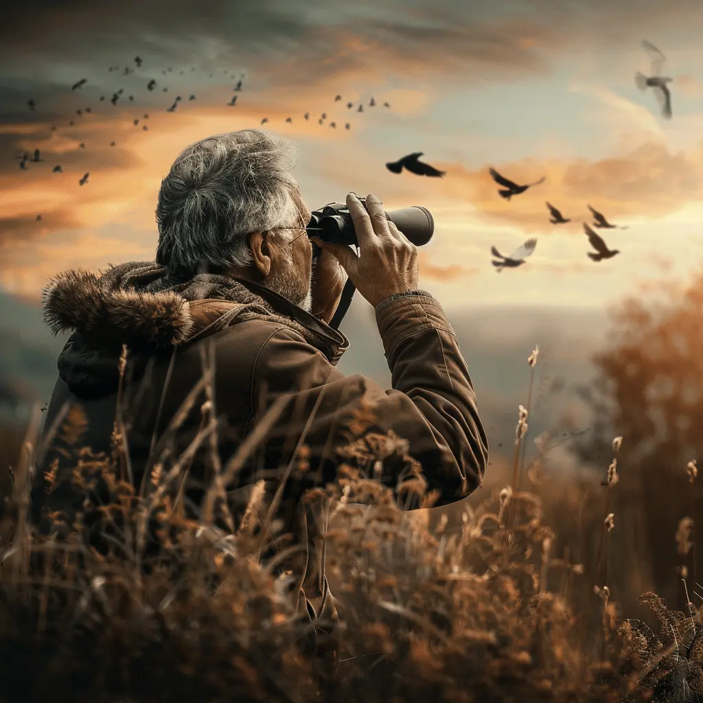 A man in his 50s with binoculars, quietly observing birds in a natural setting.