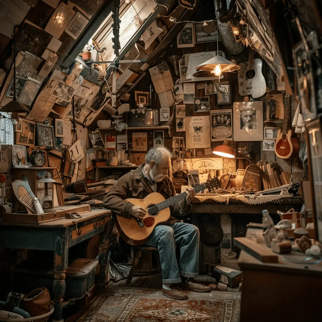  A man playing a guitar in his cozy attic, surrounded by old memorabilia and musical instruments.