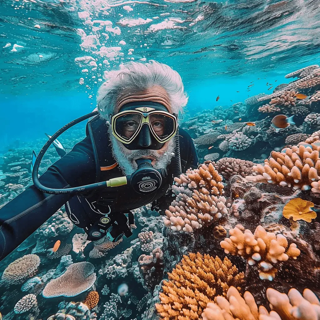 A man in his 50s doing scuba diving