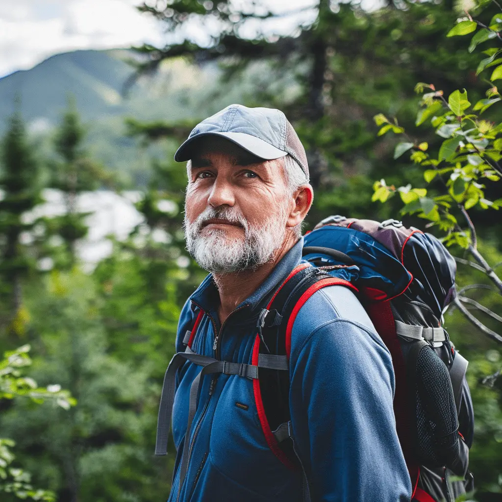 A man in his 50s hiking a scenic trail, looking vibrant and energetic against a backdrop of nature.