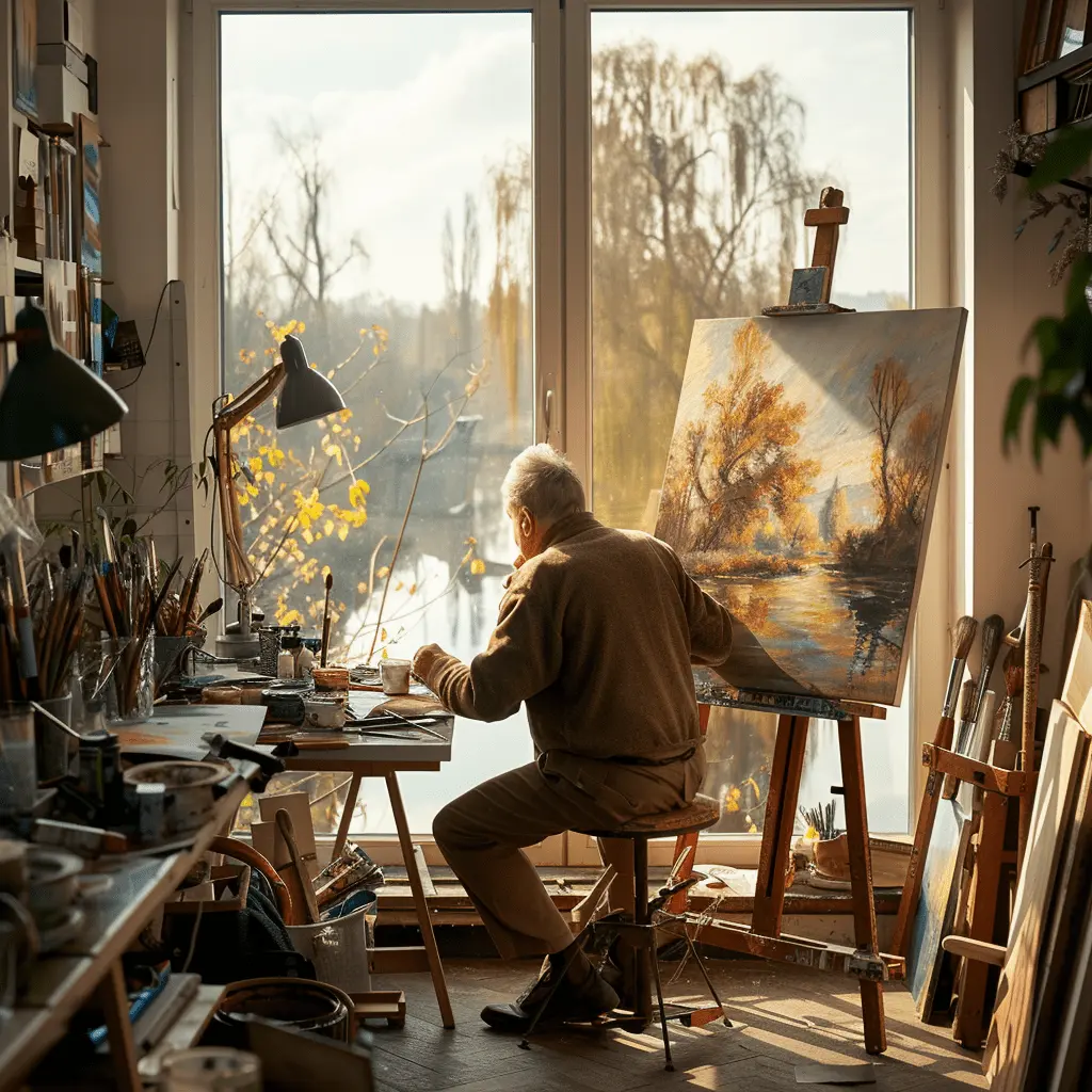 A man in his 50s painting on a canvas in a well-lit room, surrounded by art supplies.