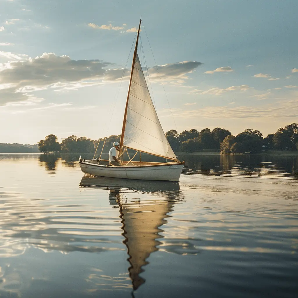 A man in his 50s steering a sailboat on a calm, beautiful lake.