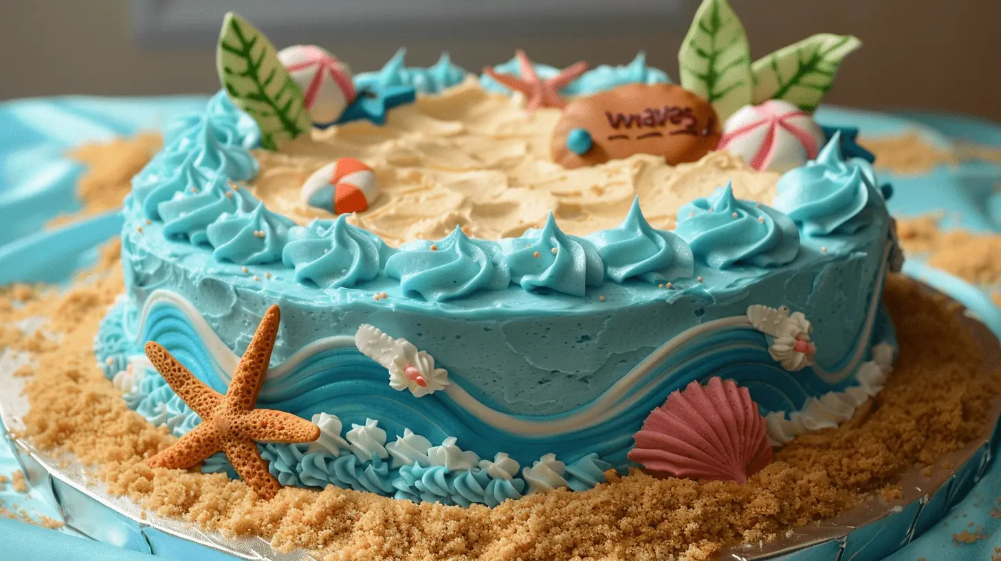 Beach Scene Cake: Coconut cake with blue buttercream "waves," graham cracker "sand," and fondant beach accessories.