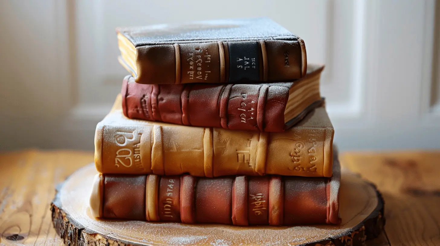 Book Lover's Cake: Vanilla sponge cake shaped like a stack of books, with fondant covers and edible text.