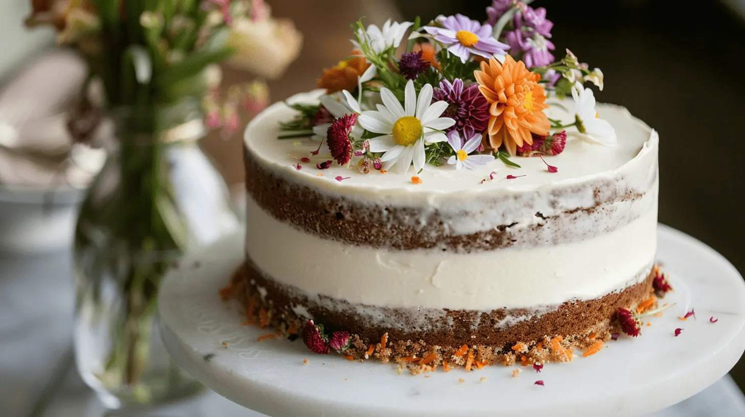 Carrot Cake: Spiced carrot cake with cream cheese frosting, adorned with edible flowers and a personalized message.