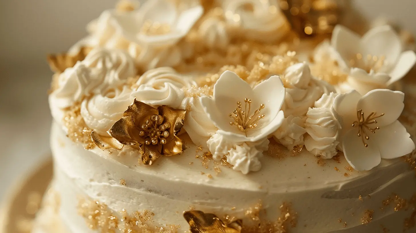 Champagne Cake: Light and fluffy champagne-flavored sponge with champagne buttercream, decorated with gold leaf and sugar flowers.