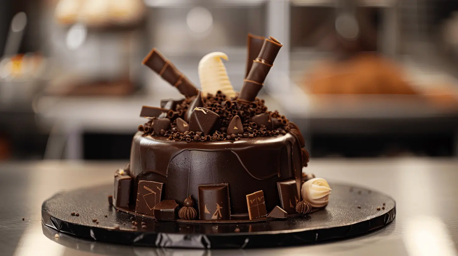 Chocolate Fudge Cake: Rich chocolate cake with chocolate ganache and fondant decorations representing the retiree's career.