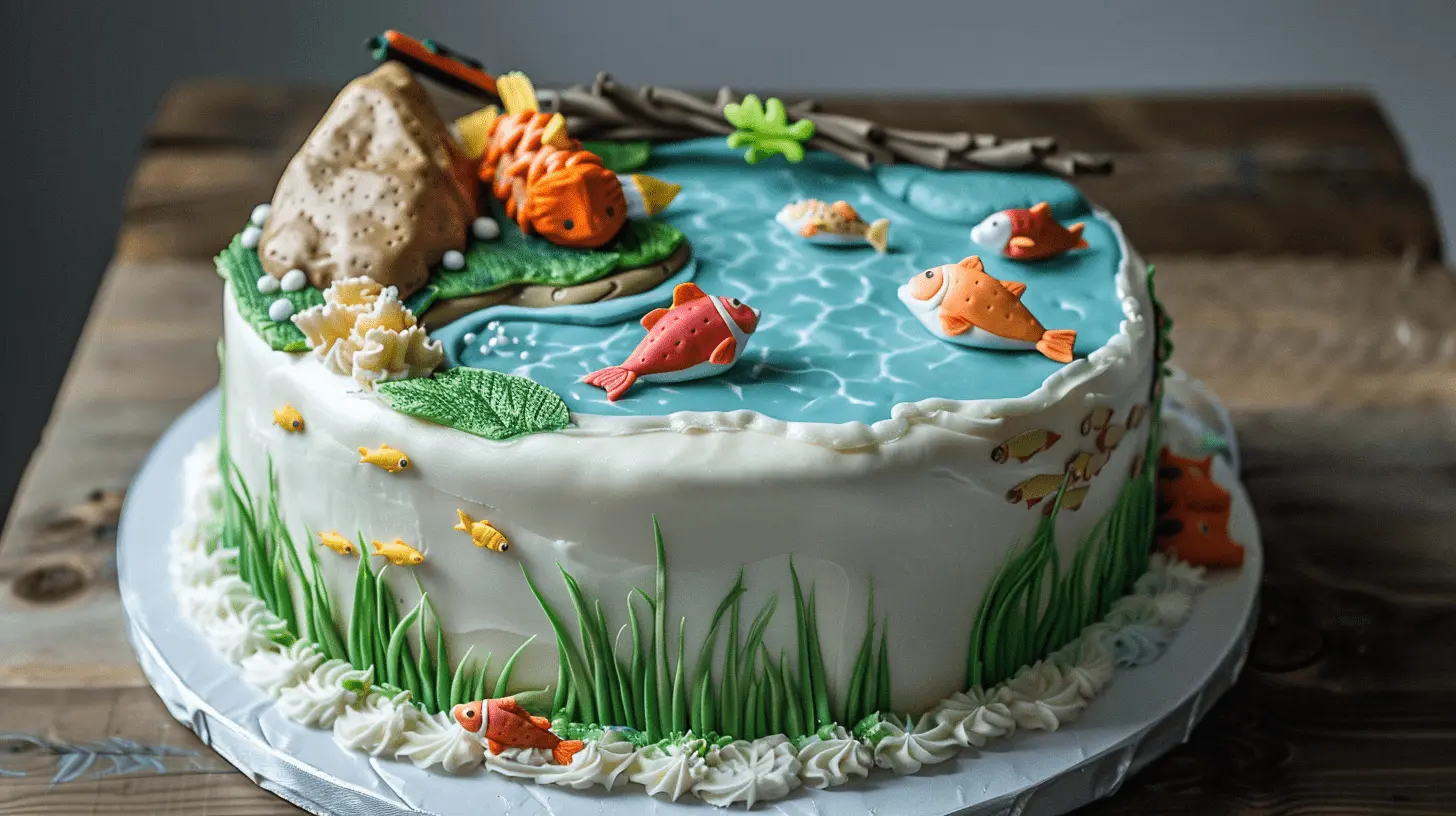 Fishing Pond Cake: Carrot cake with cream cheese frosting, decorated with fondant fish, a pond, and fishing gear.