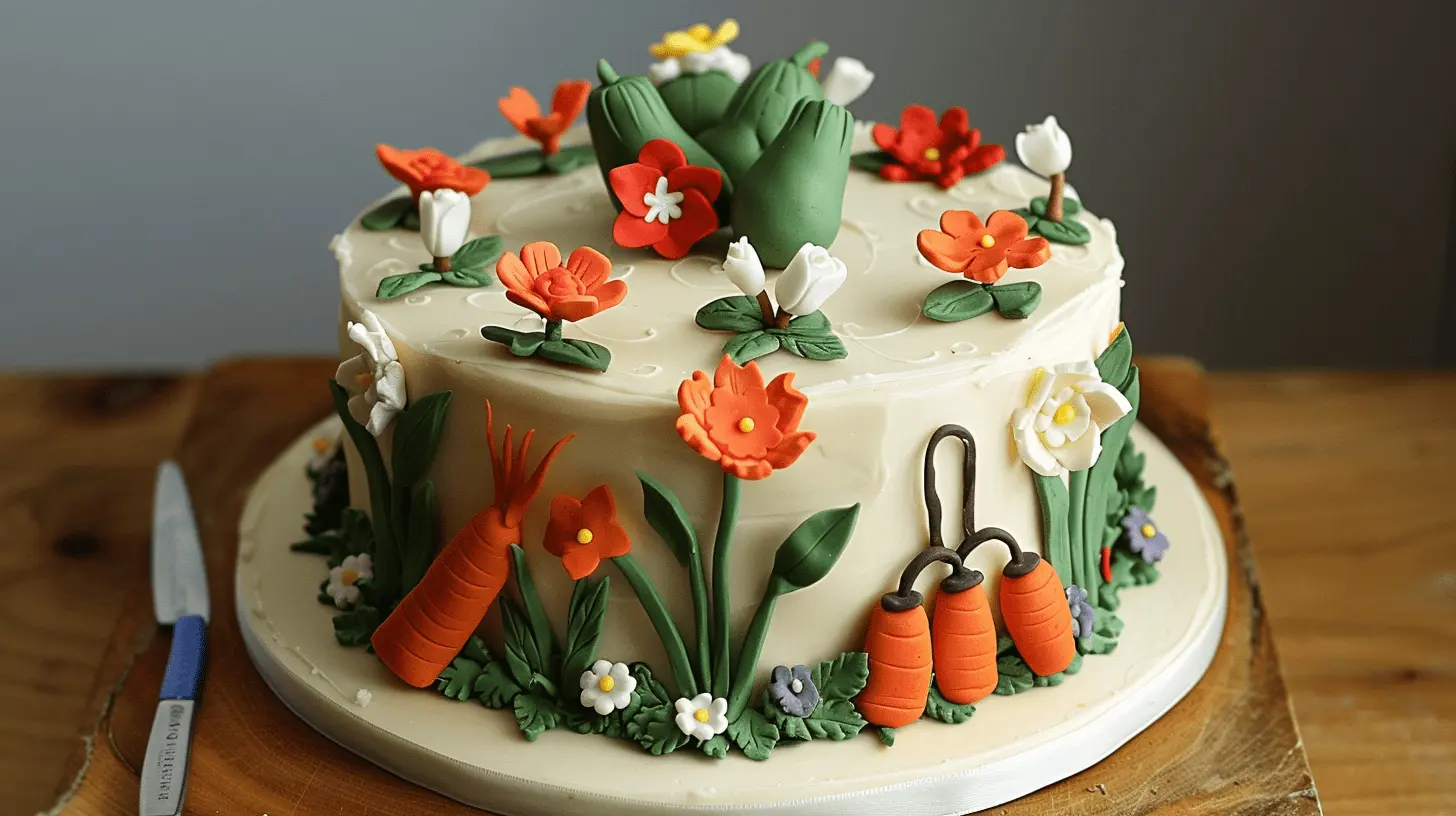 Gardening Cake: Carrot cake with cream cheese frosting, topped with fondant flowers, vegetables, and gardening tools.