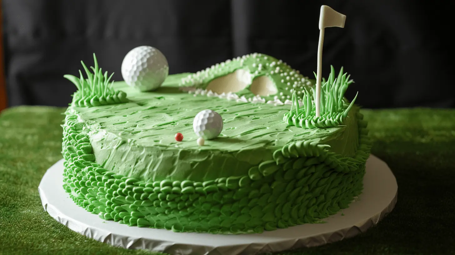 Golf Course Cake: Green velvet cake with buttercream grass, edible golf balls, and a fondant golf club.