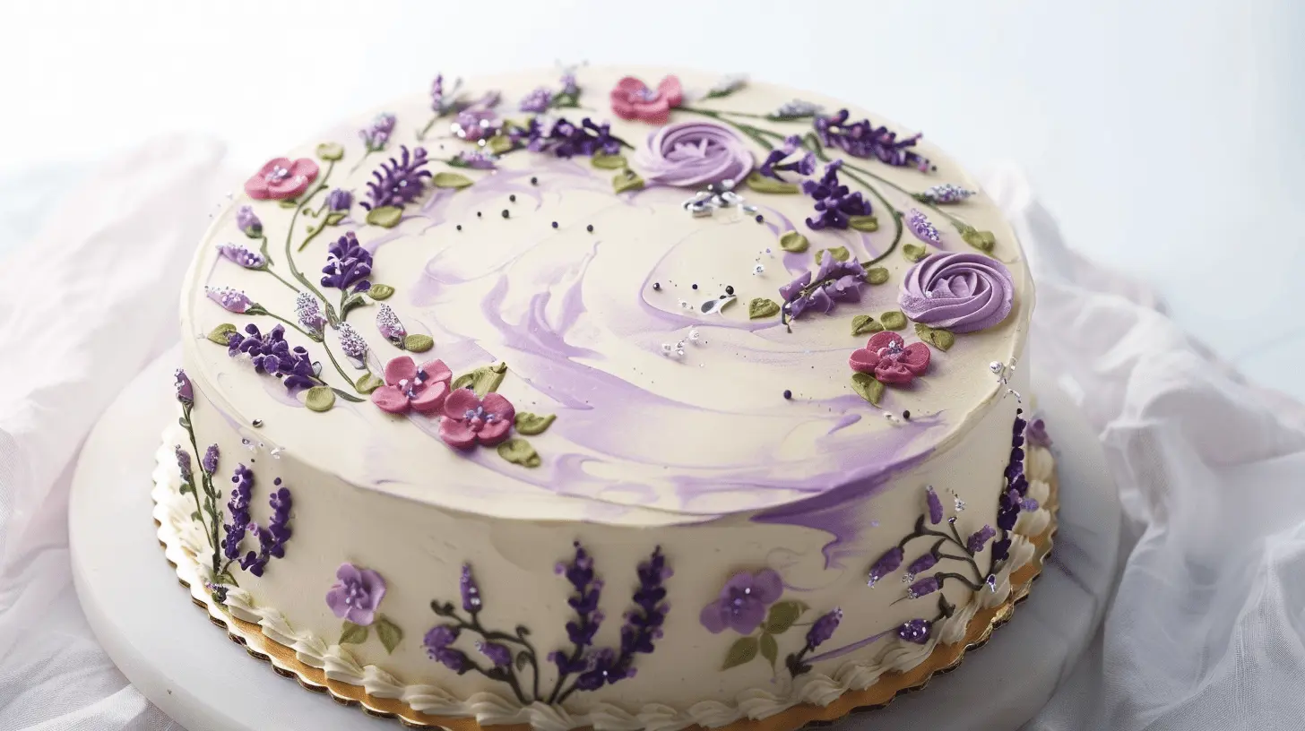 Lavender Earl Grey Cake: Earl Grey tea-infused sponge with lavender buttercream, decorated with hand-painted floral designs and silver accents.