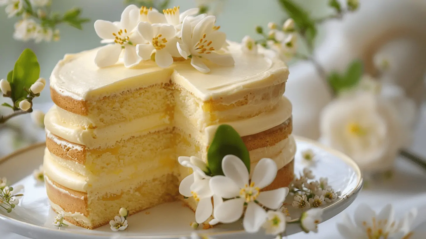 Lemon Curd Cake: Lemon sponge with tangy lemon curd filling and buttercream icing, adorned with delicate sugar flowers.