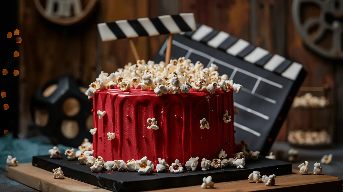 Movie Buff Cake: Red velvet cake resembling a film reel, with fondant popcorn and a clapperboard.
