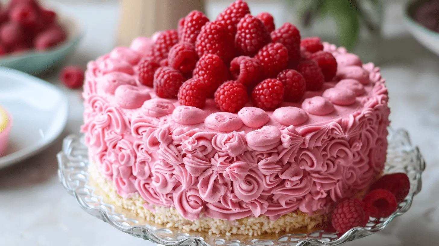 Raspberry Mousse Cake: Vanilla sponge with raspberry mousse filling, topped with fresh raspberries and edible lace.