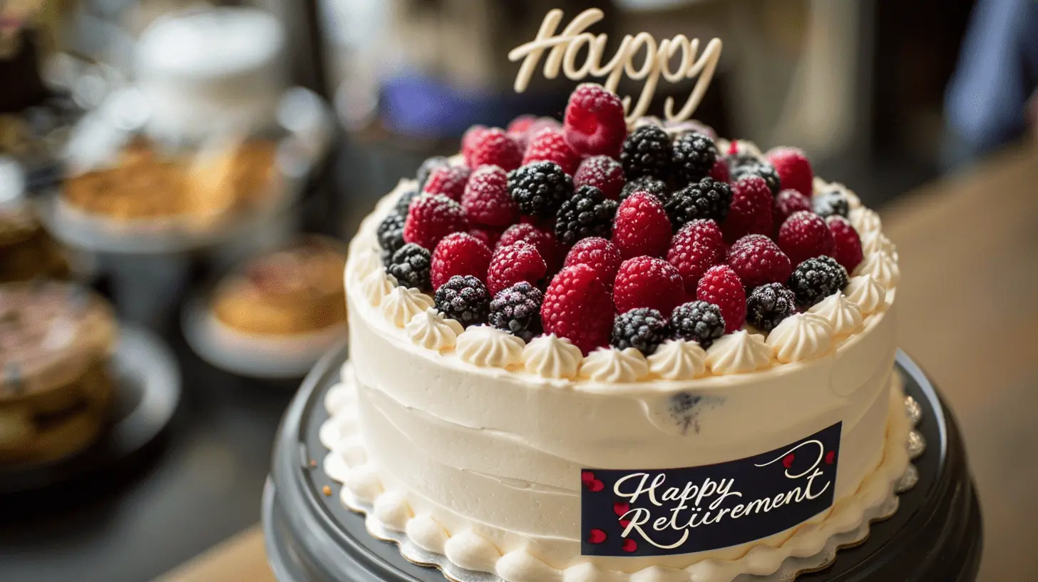 Simple Vanilla Cake: Moist vanilla sponge with buttercream icing, decorated with fresh berries and a "Happy Retirement" message.