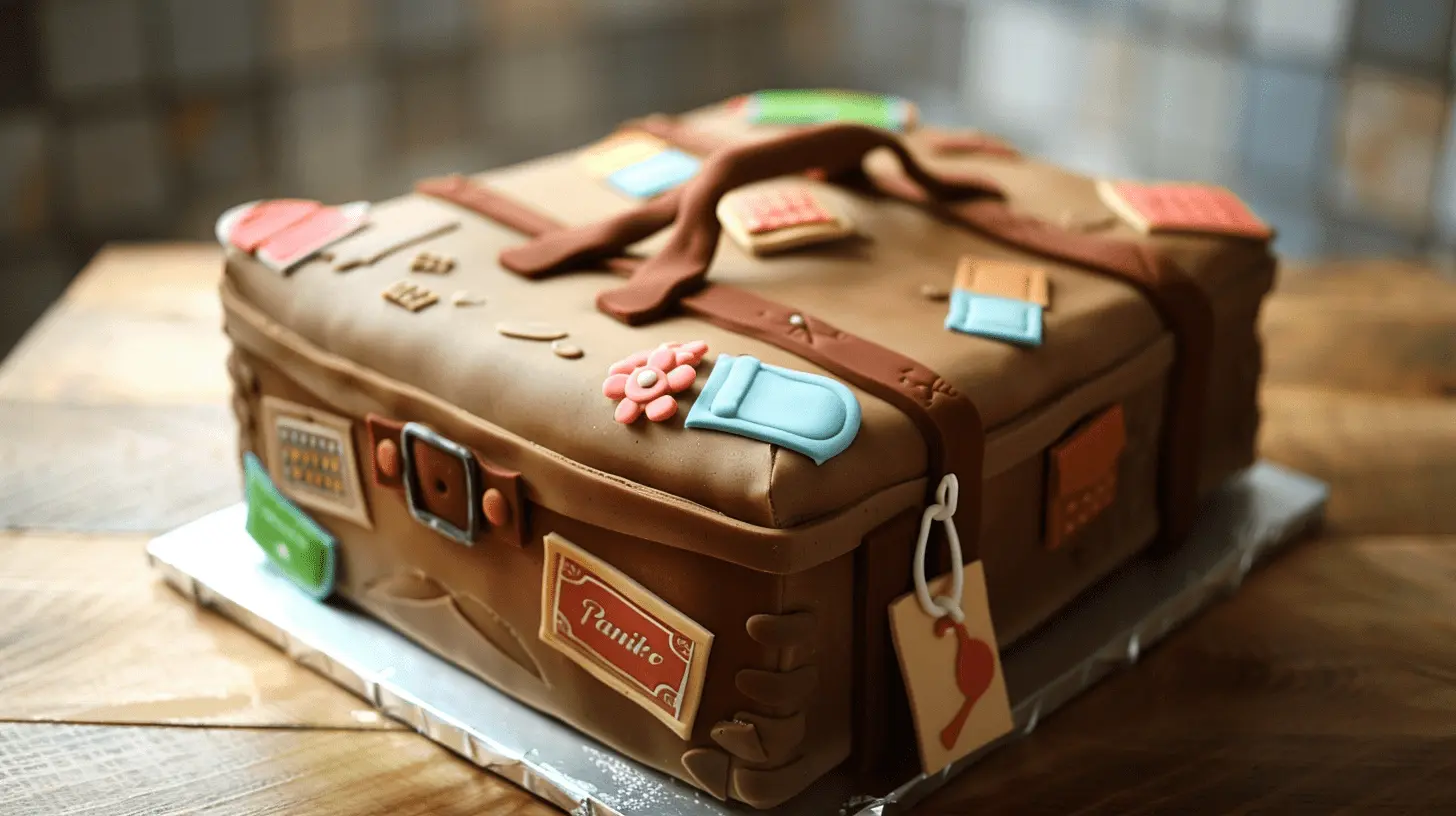 Suitcase Cake: Chocolate sponge cake shaped like a suitcase, with fondant handles, tags, and travel stickers.