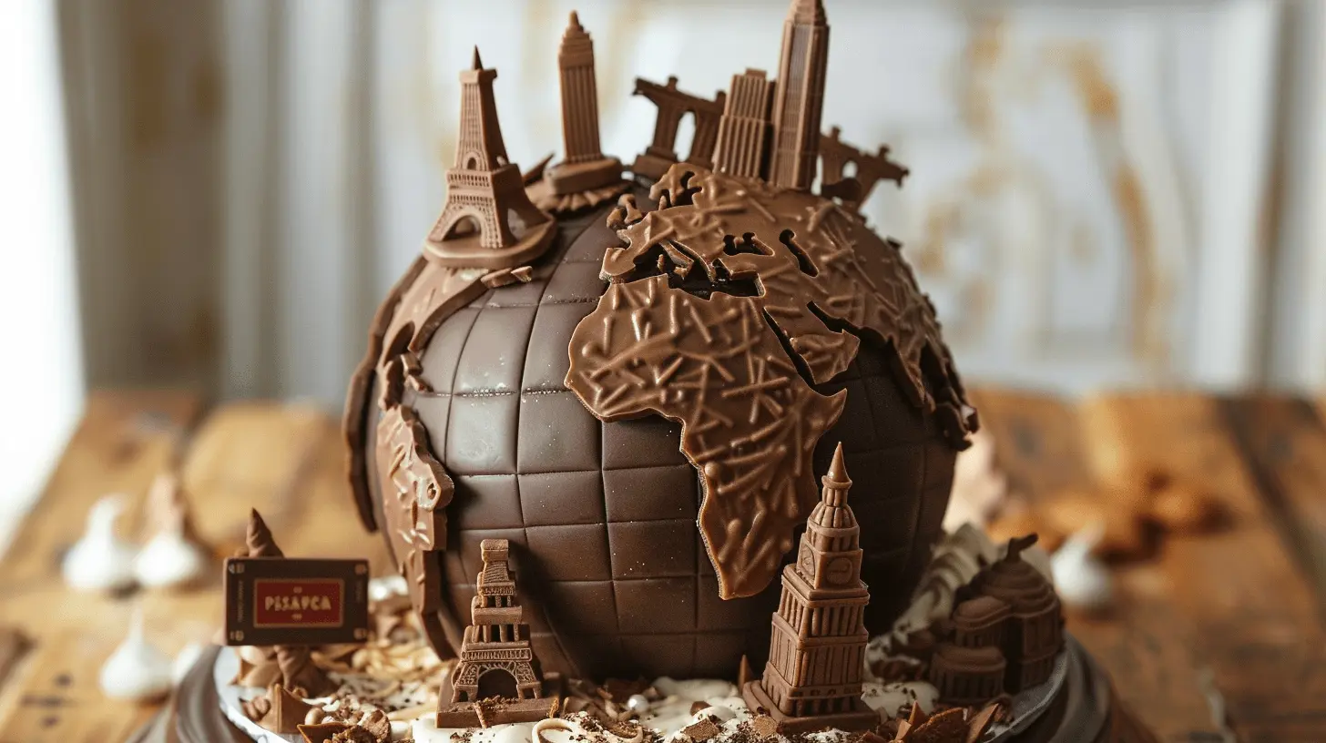 Travel Cake: Globe-shaped chocolate cake with fondant map details, edible passport, and landmarks.