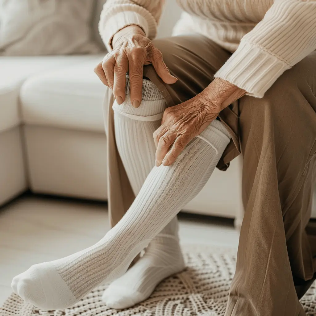 woman putting on knee-high compression socks