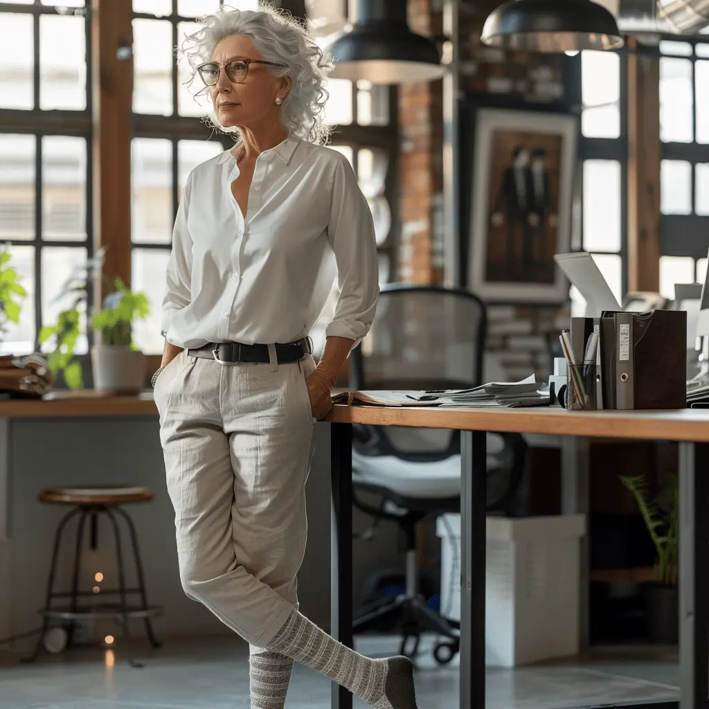 Older woman standing at work wearing compression socks