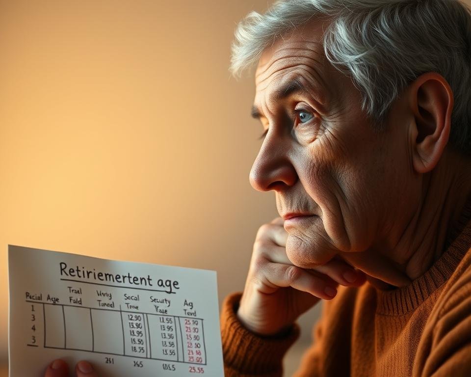 A contemplative older adult gazing pensively at retirement age figures and timeline, illuminated by soft, warm lighting in a serene, minimalist setting. The foreground features a hand-drawn chart detailing Social Security full retirement age, with a thoughtful expression conveying the importance of this decision. The middle ground showcases a thoughtful, mature individual considering their options, while the background maintains a tranquil, uncluttered ambiance to facilitate introspection. A contemplative older adult gazing pensively at retirement age figures and timeline, illuminated by soft, warm lighting in a serene, minimalist setting. The foreground features a hand-drawn chart detailing Social Security full retirement age, with a thoughtful expression conveying the importance of this decision. The middle ground showcases a thoughtful, mature individual considering their options, while the background maintains a tranquil, uncluttered ambiance to facilitate introspection.