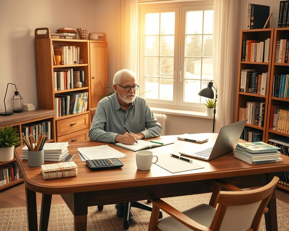 A cozy home office setup with a senior retiree sitting at a wooden desk, surrounded by various budgeting tools and resources. The scene is lit by warm, natural lighting coming in through a large window, casting a gentle glow on the scene. On the desk, there are a laptop, a calculator, some papers and a pen, as well as a cup of coffee. Bookshelves line the walls, filled with finance-related books. The overall atmosphere is one of focus, organization, and a sense of control over one's financial future.