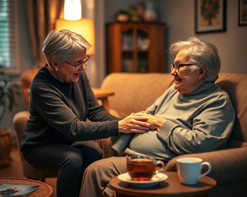A cozy in-home setting with an elderly person being cared for by a compassionate caregiver. Warm lighting illuminates the scene, capturing the intimate moment of assistance and companionship. The foreground features the caregiver gently tending to the senior's needs, perhaps assisting with a task or providing comfort. In the middle ground, subtle details like a comfortable armchair, a side table with a cup of tea, and personal mementos convey a sense of familiarity and security. The background softly fades into a serene, domestic environment, hinting at the safety and comfort of the home. The overall mood is one of tenderness, care, and the invaluable benefits of in-home assistance.