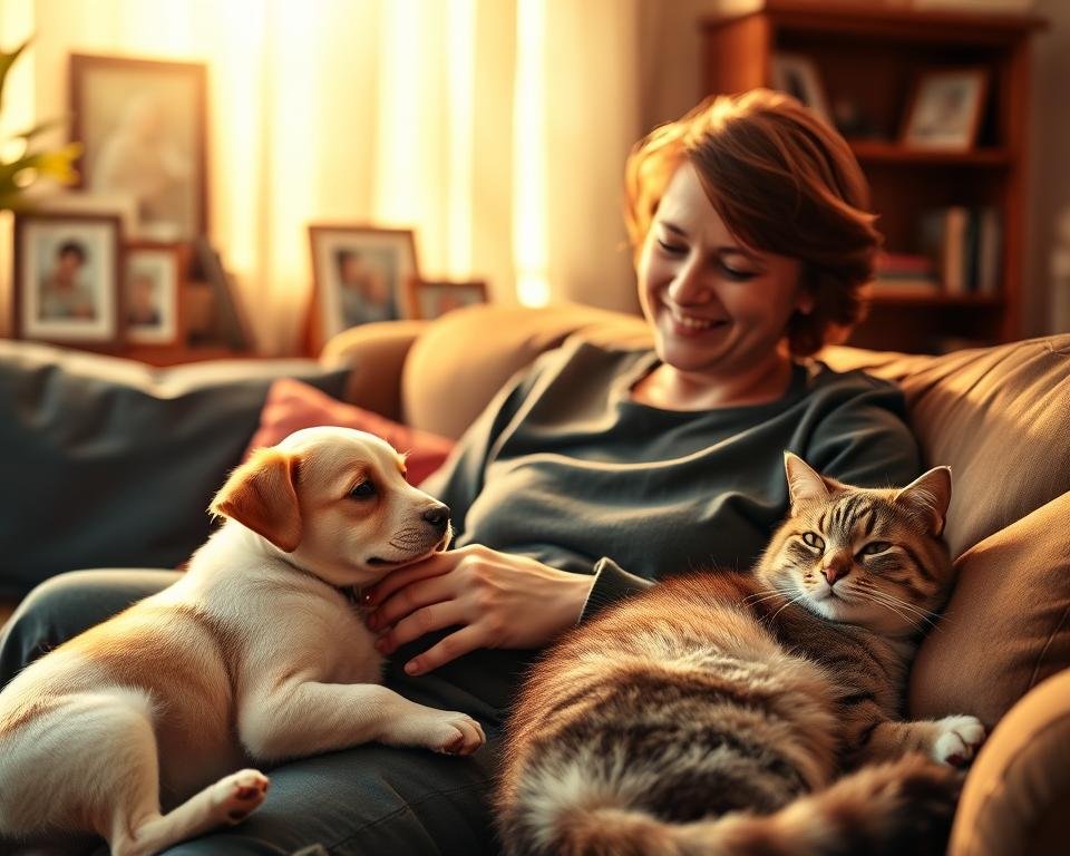 A cozy living room, bathed in warm, golden light, where a person sits on a comfortable sofa, surrounded by their beloved pets. In the foreground, a playful puppy nuzzles the person's lap, while a serene cat curls up beside them. The middle ground showcases the person's face, radiating a sense of joy and contentment as they gently pet their furry companions. In the background, framed family photos and a bookshelf create a inviting, homely atmosphere, reflecting the cherished bond between the person and their pets. The scene evokes a deep sense of emotional connection, companionship, and the therapeutic benefits of having pets as part of one's daily life.