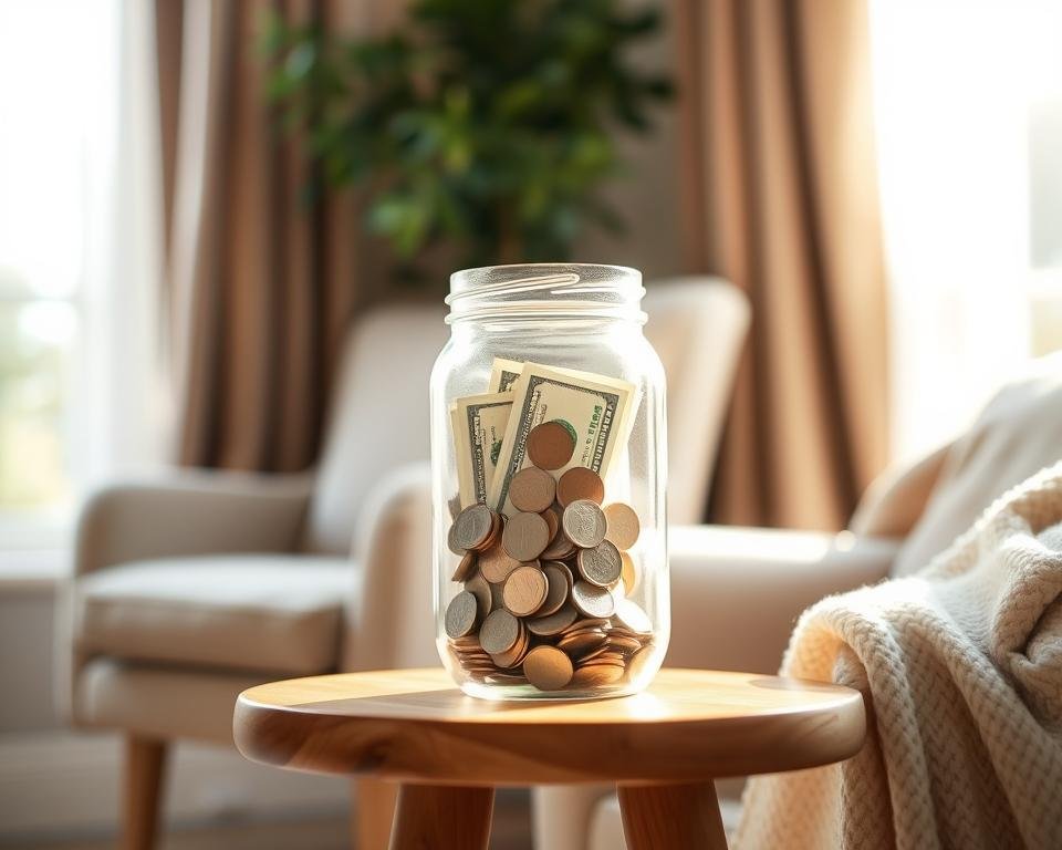 A cozy living room with a comfortable armchair and a soft throw blanket, the sun gently streaming through the window, illuminating a small glass jar filled with neatly stacked coins, bills, and a few personal financial documents, symbolizing the careful planning and discipline required to build a robust emergency savings fund in one's golden years.