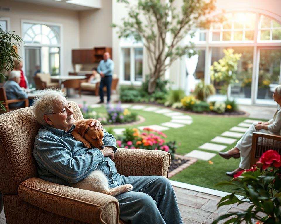 A cozy, pet-friendly assisted living facility with a tranquil outdoor courtyard. In the foreground, an elderly resident relaxes on a plush armchair, their beloved dog curled up by their side. The middle ground showcases a lush garden, complete with vibrant flowers and a meandering path. Soft, natural light filters through the large windows, casting a warm glow over the scene. The background features a well-appointed common area, where residents engage in various activities, their furry companions nearby. The atmosphere exudes a sense of comfort, community, and the harmonious integration of pets and senior care.