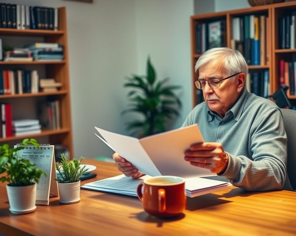 A cozy, well-lit home office setting with an elderly couple sitting at a wooden desk, carefully reviewing financial documents and discussing their emergency fund strategies. Warm lighting casts a soft glow, emphasizing their focused expressions. The desktop is adorned with a potted plant, a retirement-themed calendar, and a mug of steaming tea, creating a sense of comfort and productivity. The background features bookshelves filled with financial literature, hinting at their diligence in planning for their future. The overall atmosphere conveys a sense of security, wisdom, and a proactive approach to building a solid emergency fund in their golden years.