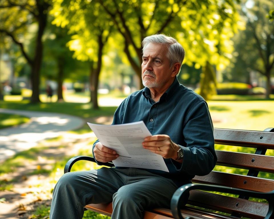A middle-aged person sitting on a park bench, contemplating their retirement savings. The background is a serene, sun-dappled urban park with lush greenery and a winding path. The person has a pensive expression, holding a financial document in their hands, considering their backup plan for their golden years. The lighting is soft and natural, creating a warm, introspective atmosphere. The camera angle is slightly elevated, giving a sense of the person's internal deliberation. The scene conveys a sense of uncertainty and the need for a well-considered financial strategy for the future.