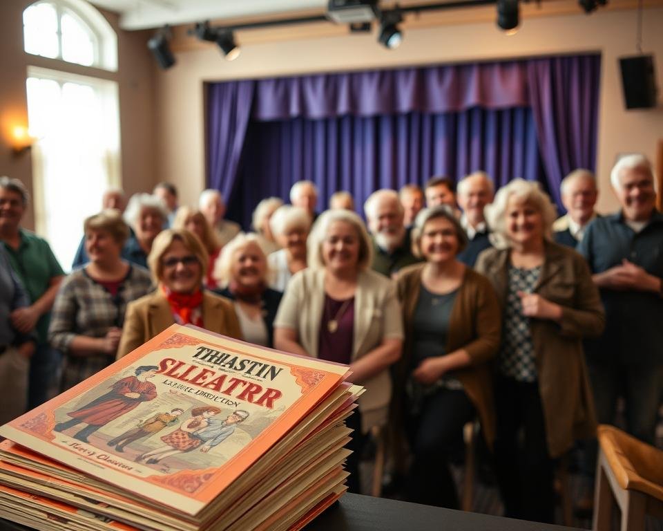 A senior community theater program, filled with vibrant energy and a warm, inviting atmosphere. In the foreground, a stack of colorful, well-designed programs showcasing the latest production, their covers adorned with vintage-inspired illustrations. In the middle ground, a group of enthusiastic actors, directors, and crew members, their faces alight with the joy of performing. In the background, the stage, its curtains drawn, hinting at the exciting performances to come. Soft, natural lighting filters through the windows, casting a cozy glow over the entire scene. The overall mood is one of camaraderie, creativity, and a sense of belonging, inviting the viewer to imagine the lively productions and engaging workshops happening within this vibrant community theater.