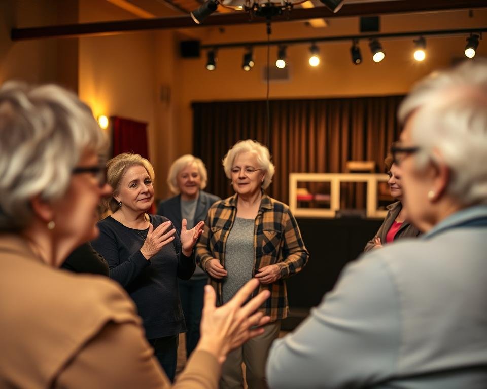 A senior theater workshop set in a cozy, well-lit community center. In the foreground, a group of older adults engaged in an acting exercise, their faces animated and expressive. In the middle ground, a seasoned instructor guides the session, hands gesturing passionately. The background reveals a stage with theater lighting and simple set pieces, hinting at upcoming performances. The overall atmosphere is one of focus, camaraderie, and a shared love of the dramatic arts. Warm, diffused lighting creates a welcoming and nurturing environment, encouraging the senior participants to explore their creativity and build confidence on stage.