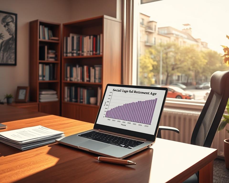 A sun-dappled office setting, with a neatly organized wooden desk and ergonomic chair in the foreground. On the desk, a stack of documents, a pen, and a laptop displaying a graph showing the full retirement age for Social Security. In the middle ground, a bookshelf lined with reference materials, casting warm, soft lighting across the scene. The background features a large window overlooking a vibrant, tree-lined city street, creating a sense of professionalism and productivity. The overall atmosphere conveys a sense of authority, expertise, and a clear understanding of the intricacies of the Social Security system. A sun-dappled office setting, with a neatly organized wooden desk and ergonomic chair in the foreground. On the desk, a stack of documents, a pen, and a laptop displaying a graph showing the full retirement age for Social Security. In the middle ground, a bookshelf lined with reference materials, casting warm, soft lighting across the scene. The background features a large window overlooking a vibrant, tree-lined city street, creating a sense of professionalism and productivity. The overall atmosphere conveys a sense of authority, expertise, and a clear understanding of the intricacies of the Social Security system.