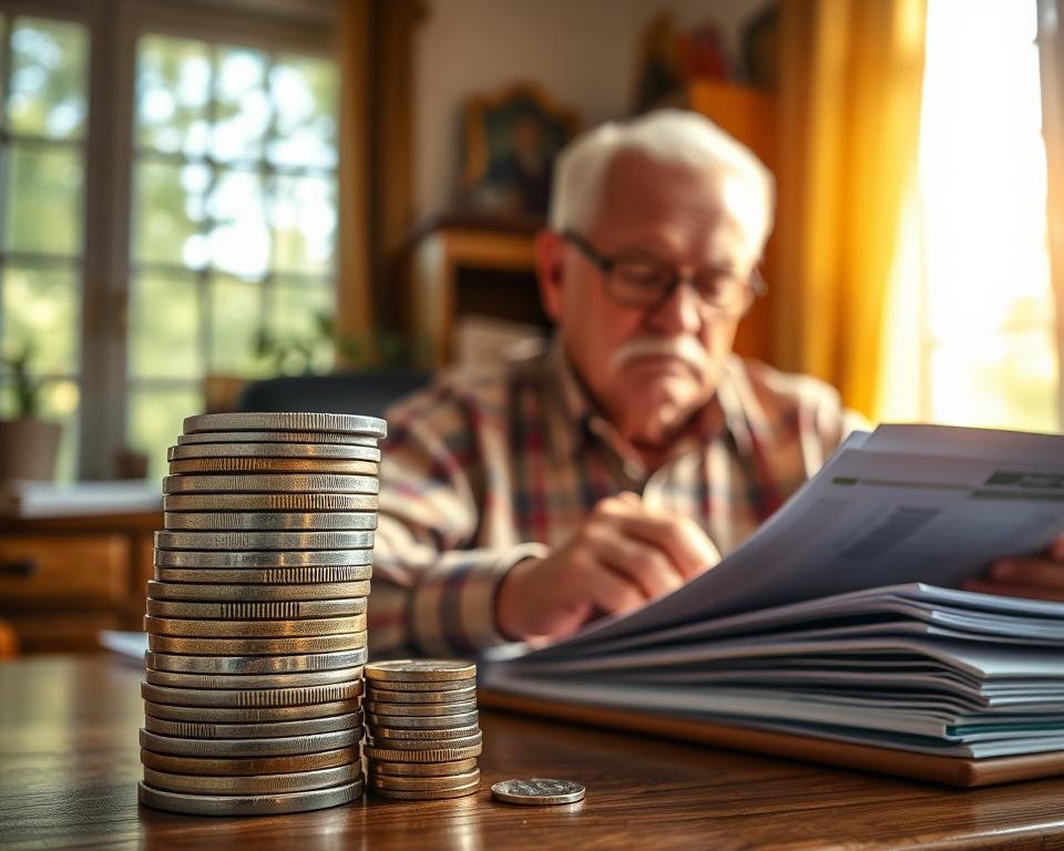 A tranquil retirement scene with a stack of coins representing diverse income sources - social security, pension, investments, and savings. Warm sunlight filters through a window, illuminating a wooden desk where a senior citizen meticulously reviews financial documents, brow furrowed in concentration. The room is cozy and organized, reflecting a lifetime of prudent money management. A sense of security and calm pervades the scene, conveying the importance of understanding and managing one's retirement income to achieve financial stability and peace of mind.
