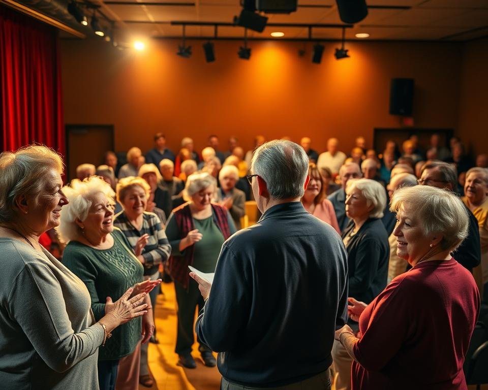 A vibrant community theater stage, bathed in warm, gentle lighting. In the foreground, a group of seniors enthusiastically rehearsing lines, their faces alight with joy and concentration. In the middle ground, a director guides them, offering encouragement and direction. In the background, a lively audience of fellow seniors watches intently, applauding the performers. The atmosphere is one of camaraderie, creativity, and a palpable sense of purpose, as the community comes together to explore the transformative power of the arts.