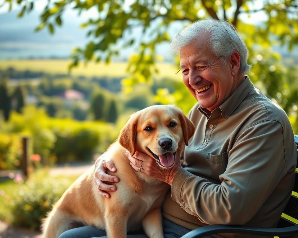A vibrant, well-lit image of a senior citizen enjoying the companionship of a friendly dog in a peaceful, sun-drenched garden setting. The elderly individual sits comfortably on a bench, their face beaming with joy as they gently stroke the dog's soft fur. The middle ground features lush, verdant foliage and a picturesque landscape, suggesting a serene, therapeutic environment. The background is softly blurred, allowing the focal point of the senior and their pet to take center stage, conveying a sense of comfort, security, and the health-promoting benefits of the human-animal bond. A warm, inviting atmosphere permeates the scene, capturing the essence of how pets can enrich the lives of older adults in assisted living facilities.