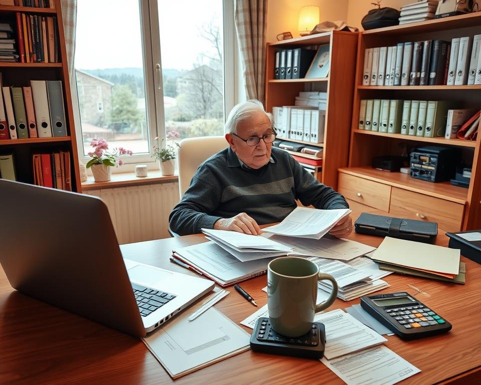 A well-lit, detailed home office scene with an elderly person sitting at a desk, meticulously organizing financial documents, receipts, and a calculator. The foreground features an open laptop and a coffee mug, conveying a sense of focused, methodical money management. The middle ground showcases shelves filled with binders and reference materials, while the background depicts a cozy, warm-toned room with a window overlooking a peaceful, natural landscape, suggesting a serene and comfortable retirement lifestyle. The overall mood is one of diligence, organization, and financial security in the golden years.