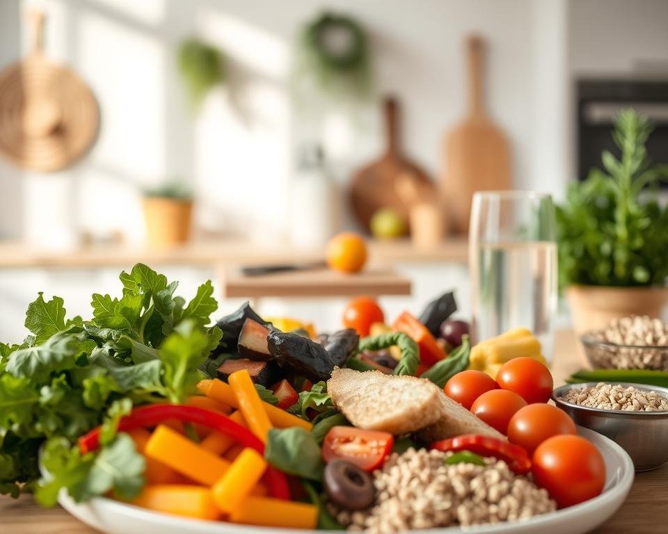 A balanced meal plan for managing blood sugar, captured in a warm, natural setting. In the foreground, an assortment of fresh, vibrant ingredients - leafy greens, colorful vegetables, lean protein, and whole grains. Arranged with care, they suggest a nourishing, well-proportioned plate. The middle ground features a cutting board, utensils, and a glass of water, conveying the thoughtful preparation of a mindful, diabetes-friendly meal. In the background, a softly lit kitchen scene, with clean, minimalist decor that creates a calming, inviting atmosphere. Soft, directional lighting casts gentle shadows, emphasizing the textures and colors of the scene. The overall composition radiates a sense of harmony, balance, and the pursuit of a healthy lifestyle.