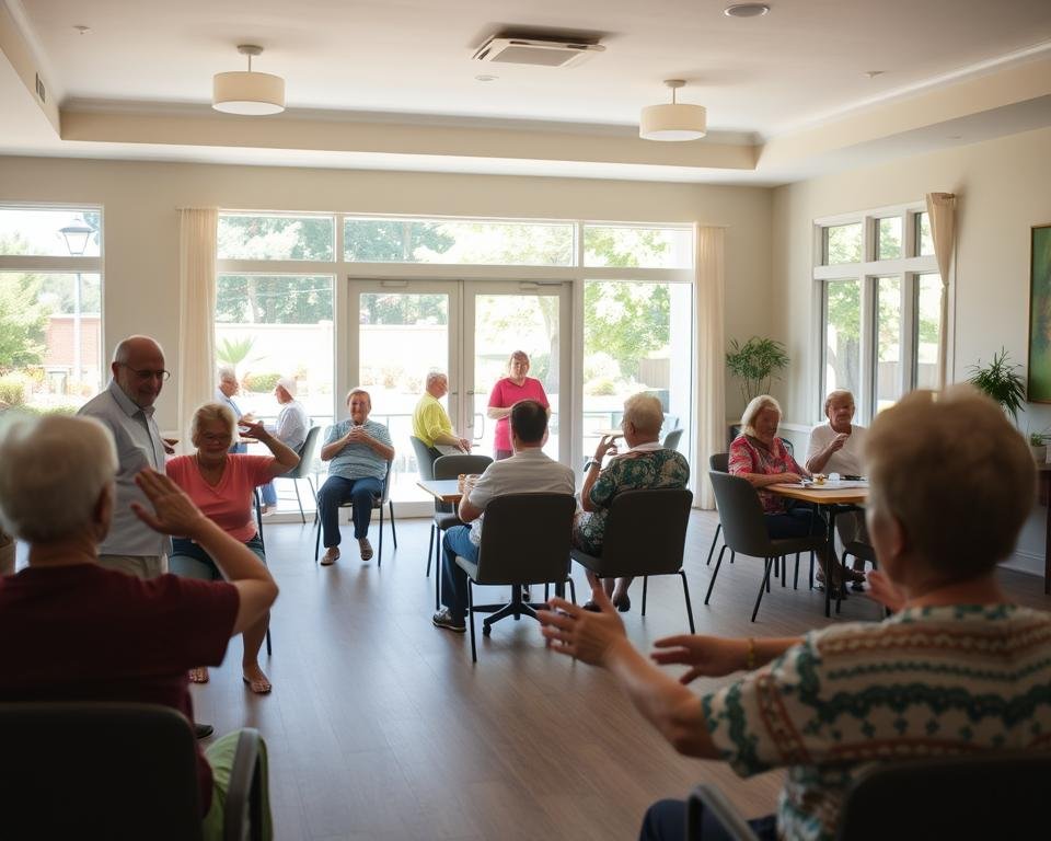 A bright, airy assisted living community center filled with seniors engaged in a variety of physical activities. In the foreground, a group of residents doing seated stretches and gentle exercises led by an instructor. In the middle ground, others play a lively game of cards or board games together. Through the large windows, a tranquil outdoor patio is visible, where residents stroll or sit in the sun. The space is bathed in warm, natural lighting, creating a welcoming, vibrant atmosphere that promotes an active, social lifestyle for the elderly residents.