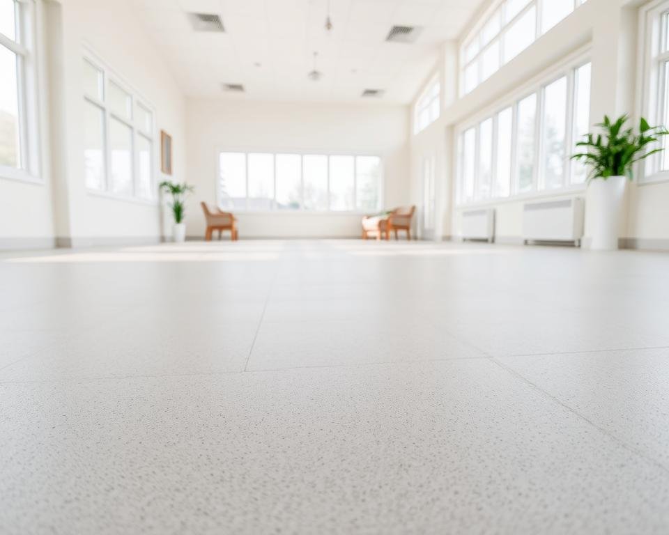 A bright, well-lit interior space with a smooth, slip-resistant flooring surface in a neutral color palette, such as light gray or beige. The flooring has a slightly textured finish to provide traction and grip, suitable for senior residents. The room is spacious and uncluttered, with plenty of natural light filtering in through large windows. The overall atmosphere is calming and inviting, conveying a sense of safety and ease of movement for aging individuals. The camera angle captures the flooring at a medium distance, showcasing its practical features and seamless integration into the overall design.