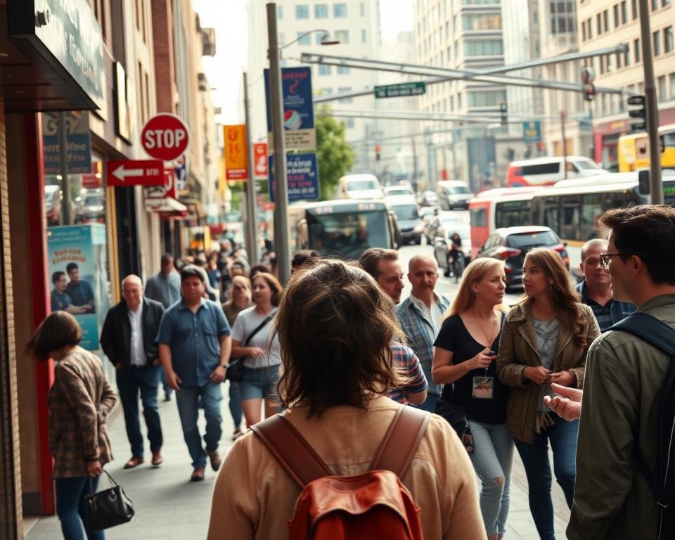 A bustling city street, filled with a variety of everyday activities and challenges that keep the brain engaged. In the foreground, a person navigating a crowded sidewalk, their eyes darting between storefronts, street signs, and fellow pedestrians, constantly processing visual information. In the middle ground, a group of friends engaged in a lively conversation, their expressions and gestures indicating the mental effort required to follow the discussion. In the background, a complex intersection with cars, buses, and bicycles, all moving in different directions, forcing the viewer to track multiple stimuli simultaneously. The scene is illuminated by warm, natural lighting, casting subtle shadows and creating a sense of depth and perspective. The overall atmosphere is one of vibrant, stimulating activity, reflecting the everyday challenges that keep the brain sharp and adaptable.