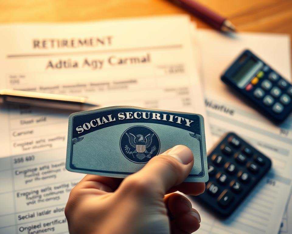 A close-up view of a hand holding a social security card against a blurred background of a retirement account statement, financial documents, and a calculator. Warm, soft lighting illuminates the scene, creating a sense of security and stability. The composition emphasizes the importance of understanding social security benefits, with the card taking center stage. The overall mood is one of financial responsibility and planning for the future.