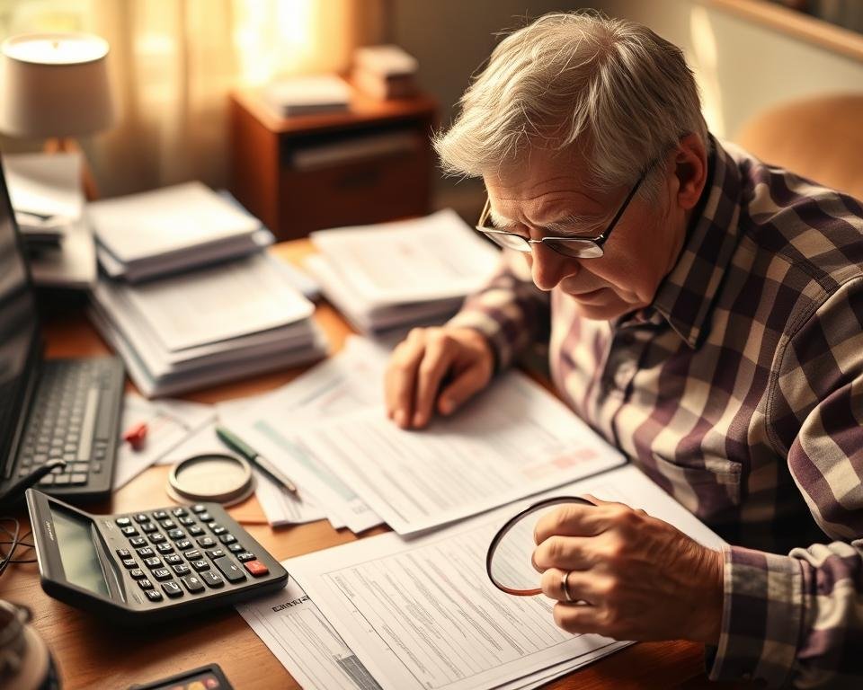 A cluttered desk with a calculator, magnifying glass, and scattered documents, all bathed in warm, natural lighting. In the foreground, a senior citizen meticulously examines tax forms, brow furrowed in concentration. The middle ground features a stack of tax-related paperwork, representing the complexity of retirement tax responsibilities. The background suggests a cozy, home office setting, hinting at the personal nature of these financial matters. The overall scene conveys the contemplative mood of a retiree diligently addressing their tax obligations.