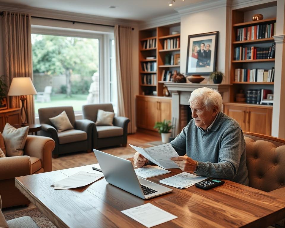 A cozy and inviting living room with plush furniture, a warm fireplace, and soft lighting. In the foreground, an elderly couple sits at a wooden table, reviewing financial documents and discussing their retirement planning. A laptop and a calculator are placed on the table, indicating their careful consideration of their financial options. In the background, bookshelves filled with financial literature and a window that showcases a serene garden scene create a sense of tranquility and security. The overall atmosphere conveys a feeling of financial security and well-being, reflecting the subject of "Assessing Your Financial Situation" for senior housing.
