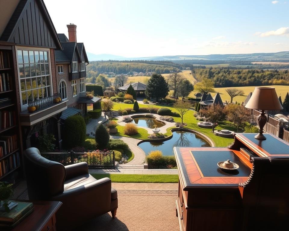 A cozy and inviting retirement estate, with a grand manor house nestled amidst sprawling gardens and manicured grounds. The foreground showcases a well-appointed study, filled with bookshelves, a luxurious leather armchair, and a polished mahogany desk. Sunlight streams through large windows, casting a warm glow over the scene. In the middle ground, a tranquil pond reflects the surrounding trees and a winding path leading to a gazebo. The background features rolling hills, a distant forest, and a picturesque landscape that exudes a sense of peace and prosperity. The overall atmosphere conveys the importance of thoughtful estate planning for retirees, ensuring a comfortable and secure future.