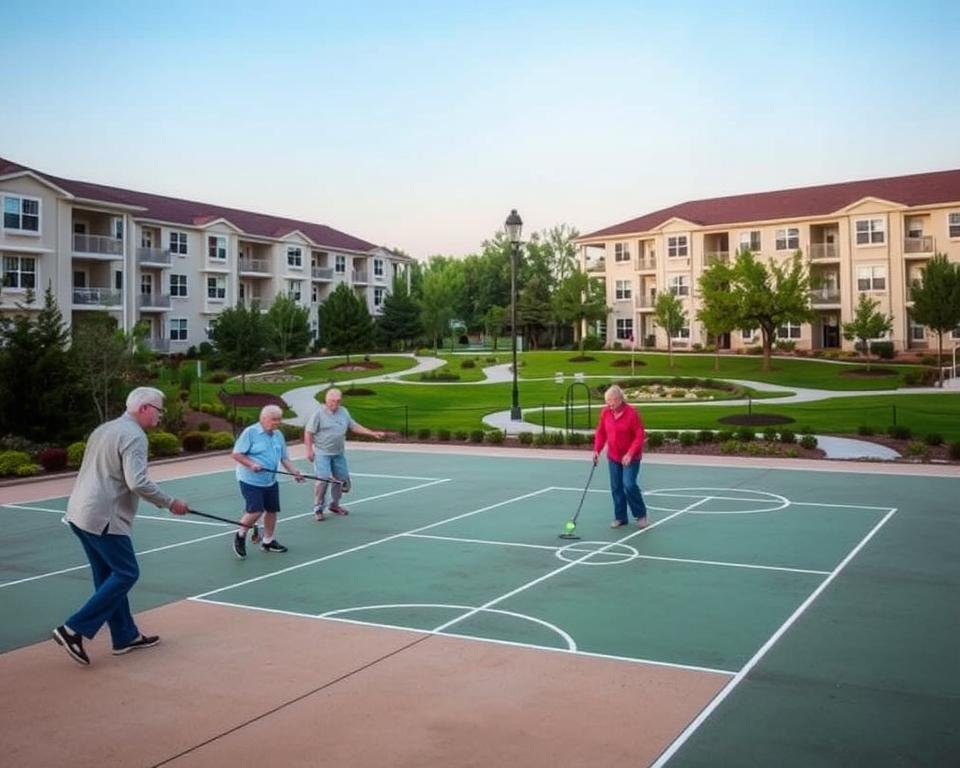 A cozy and inviting senior living community nestled in a tranquil suburban setting. In the foreground, a group of active retirees enjoy a game of shuffleboard on a well-maintained outdoor court. The middle ground showcases a modern, affordable apartment complex with clean, minimalist architecture and well-manicured landscaping. In the background, a serene park with walking trails and lush greenery creates a peaceful atmosphere. Soft, natural lighting illuminates the scene, conveying a sense of warmth and comfort. The overall mood is one of active, budget-friendly senior living options that prioritize quality of life without sacrificing financial constraints.