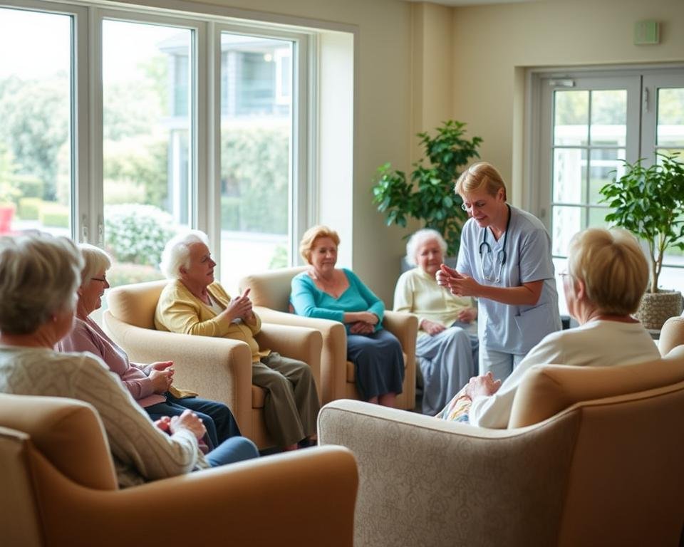 A cozy and welcoming respite care facility, with a group of elderly residents gathered in a comfortable lounge area. Natural light filters in through large windows, creating a warm, soothing ambiance. In the foreground, a caregiver engages the residents in a friendly, interactive activity, perhaps a light exercise or a simple craft project. The middle ground features plush armchairs and sofas, where residents converse and relax. In the background, a serene garden or outdoor space is visible through the windows, providing a tranquil and inviting view. The overall scene conveys a sense of security, care, and community, reflecting the supportive environment of a respite care facility.