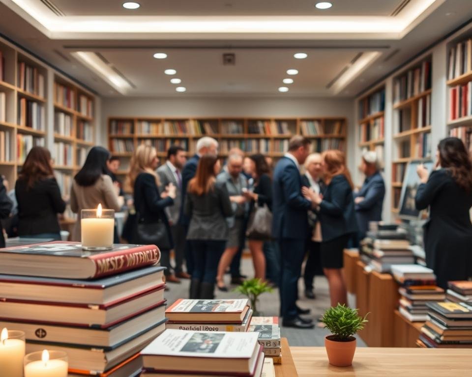 A cozy book launch party in a well-lit modern bookstore. In the foreground, a stack of freshly published books takes center stage, surrounded by elegant candles and small potted plants. The middle ground features a lively group of people mingling and chatting, dressed in smart casual attire. In the background, floor-to-ceiling bookshelves line the walls, casting a warm glow from the recessed lighting above. An air of excitement and anticipation fills the space, as the author greets guests and signs copies of the new release.