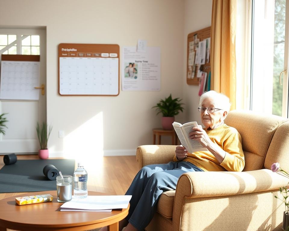 A cozy home interior with natural lighting filtering through large windows. In the foreground, an elderly person is seated in a comfortable armchair, reading a book and sipping from a mug. Nearby, a side table holds a pill organizer, water bottle, and a preventive care checklist. The middle ground features a yoga mat and exercise equipment, hinting at an active lifestyle. In the background, a wall calendar highlights important health screening dates, while a bulletin board displays reminders and medical appointment cards. The overall atmosphere is calm, inviting, and focused on maintaining well-being through a balanced preventive care routine.